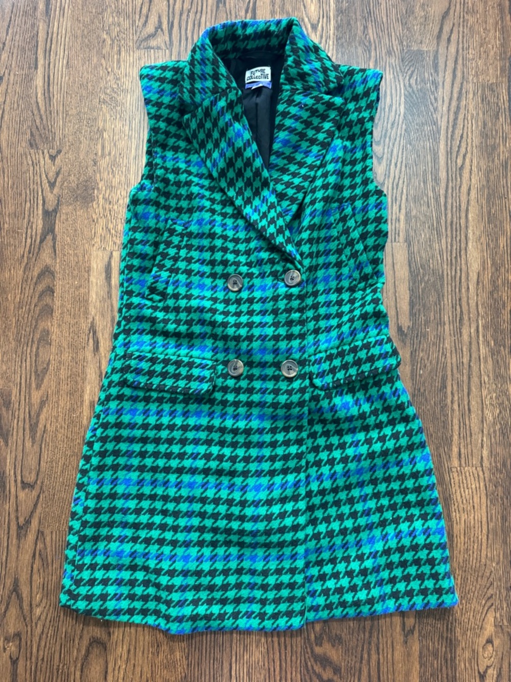 🦄🦄 FUTURE COLLECTIVE Double-Breasted Sleeveless Mini Dress in Green Houndstooth